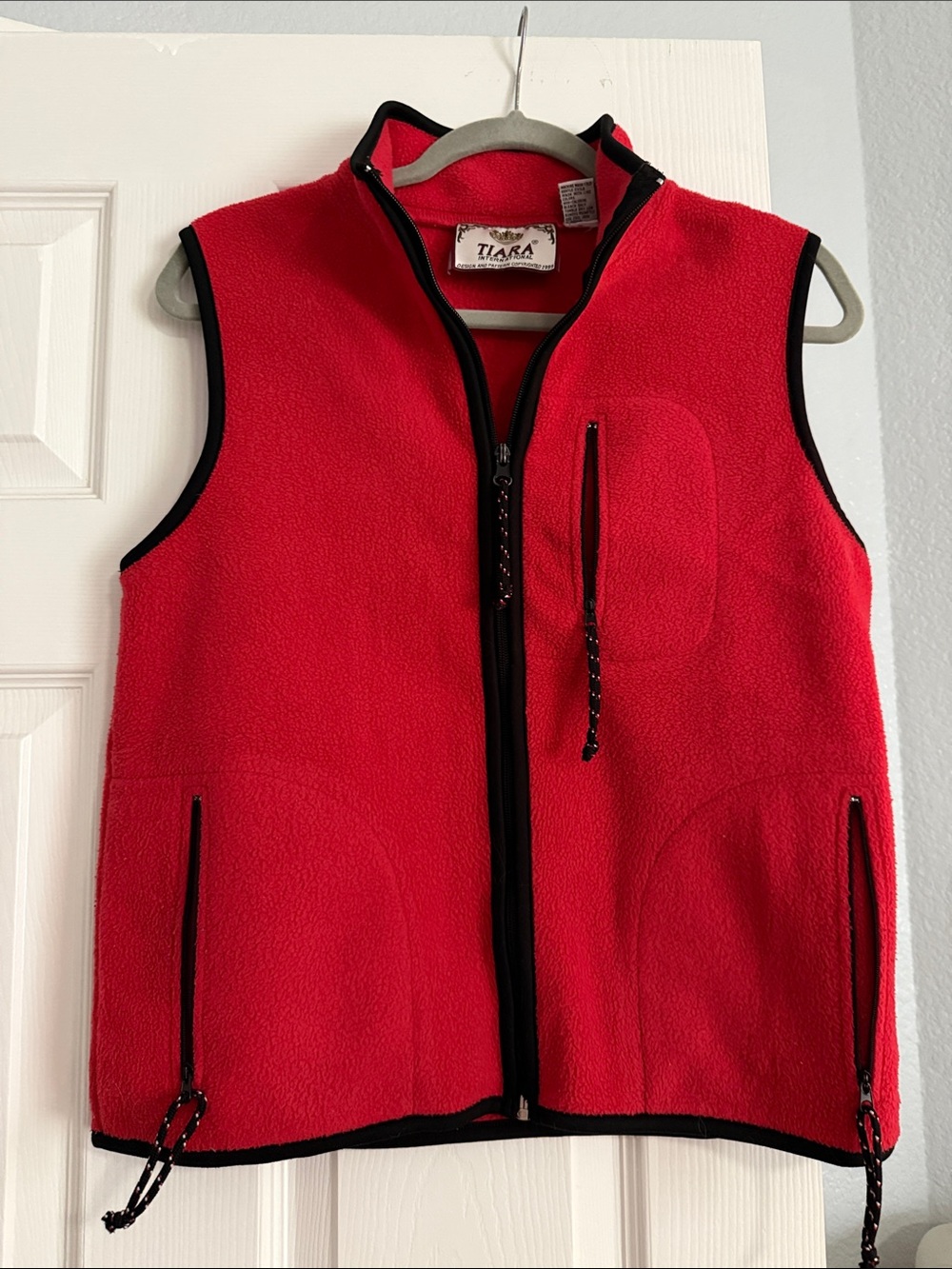 Tiara Red Fleece Vest with Black Trim and Zipper Pockets